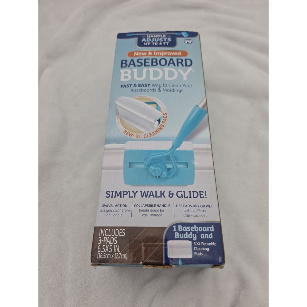 New BASEBOARD BUDDY Cleaning Tool 3 XL Reusable Pads 4 ft Handle Moldings Clean
